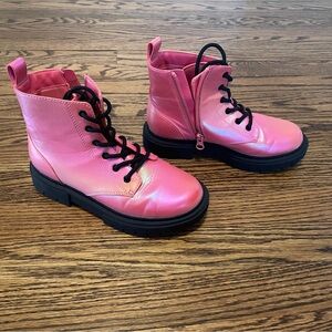 Pink Holographic Kids Combat Boots with Black Soles